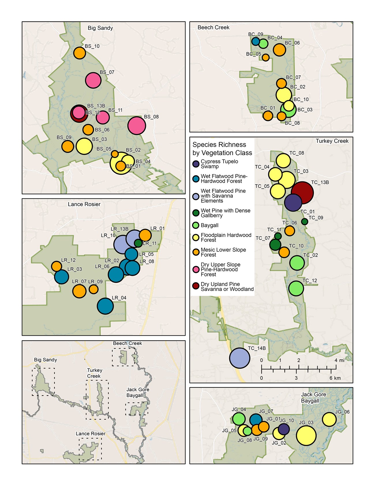 map of long-term plot locations showing vegetation class and species richness