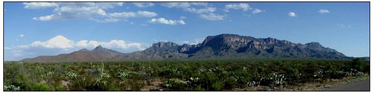Sagebrush desert with a craggy abrupt mountain range in the distance under a blue sky.