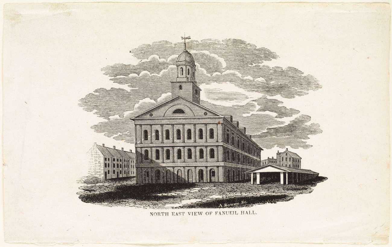 Wood engraving of Faneuil Hall from ca.1826-1850s.