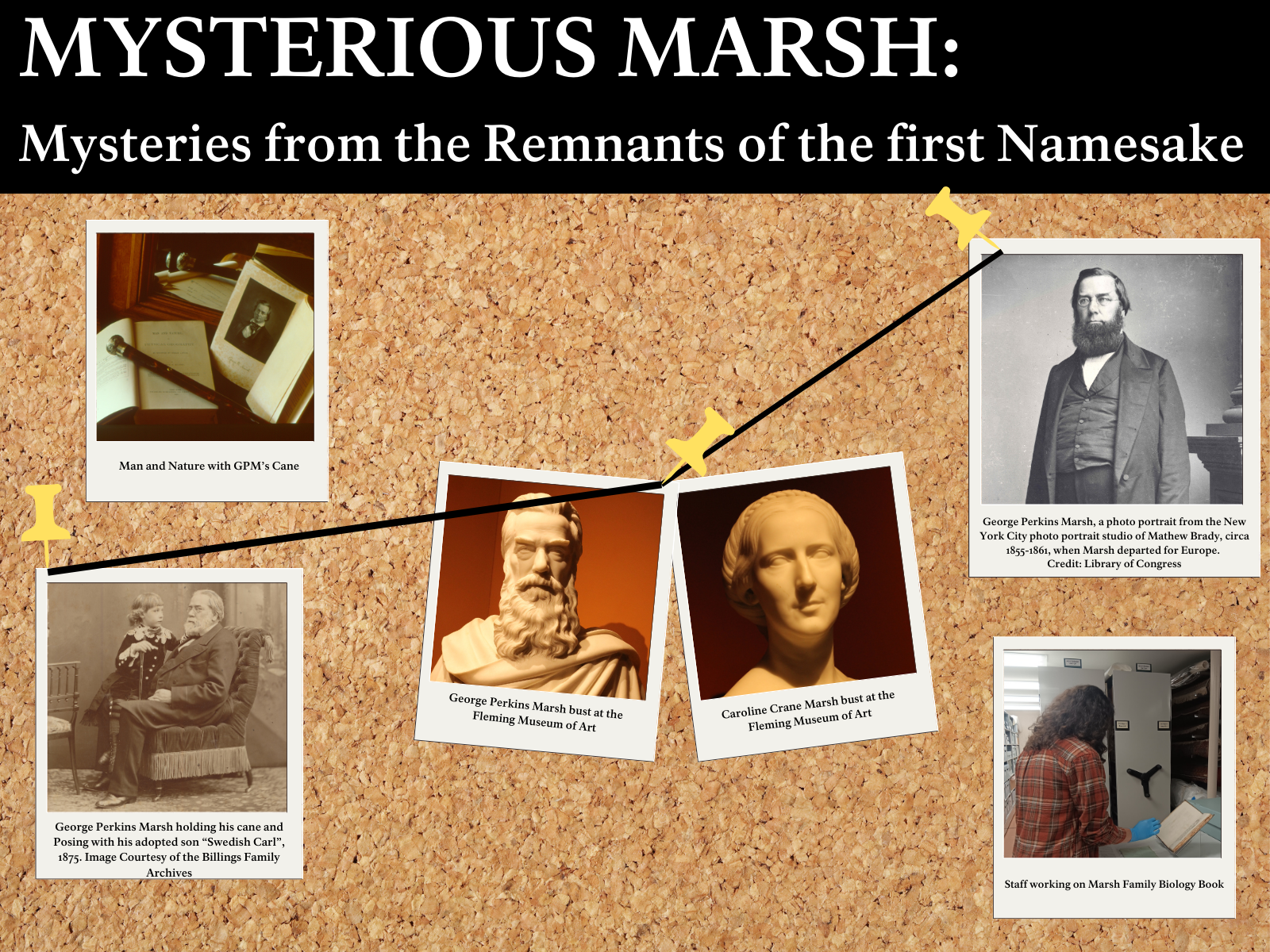 Exhibit title reads "Mysterious Marsh: Mysteries from the Remnants of the first Namesake", below title is a pinboard with 6 images found in exhibit. book and cane, GPM and cane, GPM statue, Caroline Crane statue, GPM portrait, and staff working on book.