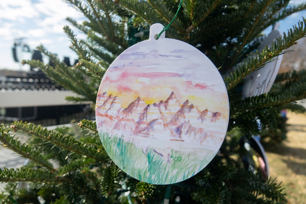 ornament with a drawing of the rugged terrain of badlands national park. The ornament is hanging from a christmas tree