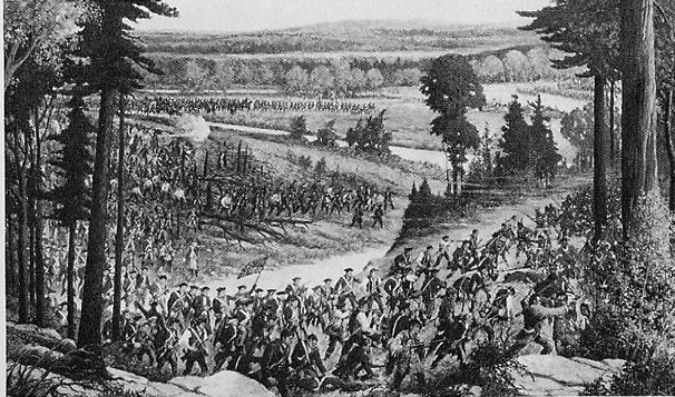 A black and white drawing depicts scores of uniformed soldiers advancing up a rocky and wooded hillside.