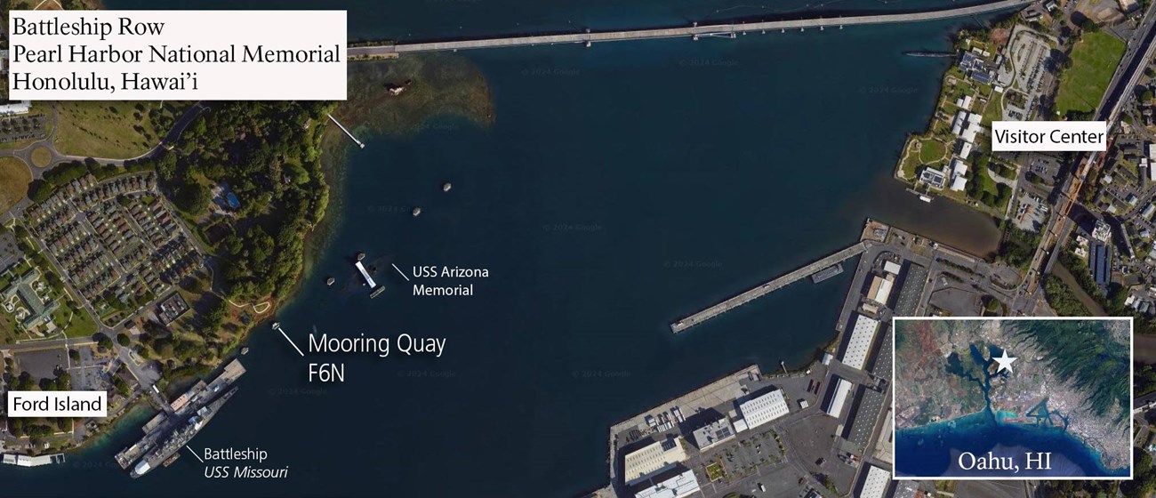 Satellite map of mooring quay F6N, just offshore the Ford Island Bungalows cultural landscape. Nearby are the USS Arizona Memorial and the USS Battleship Missouri