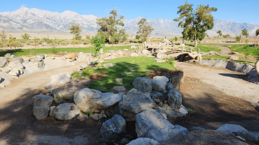 Landscaped pond with wooden bridge and boulders, empty of water transitions to photo of same pond filled with debris and sediment.