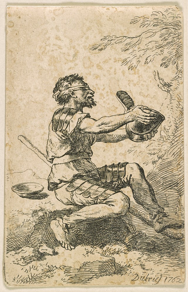 1762 etching of Belisarius seated his eyes covered with a blindfold, holding up his helmet asking for alms