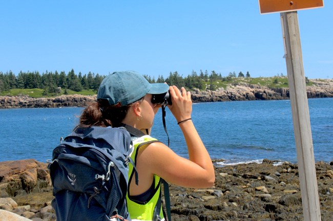 A woman with a backpack, hat, and yellow vest stands in profile on a rocky shore, with water and land behind her. She looks to the right through binoculars.
