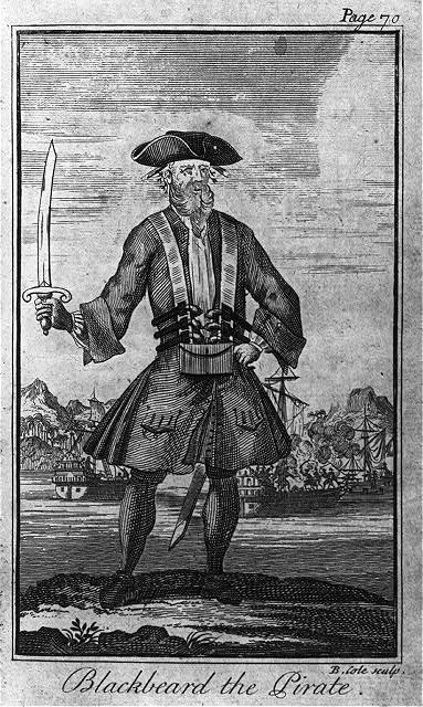 Illustration of pirate with a beard and sword in hand.