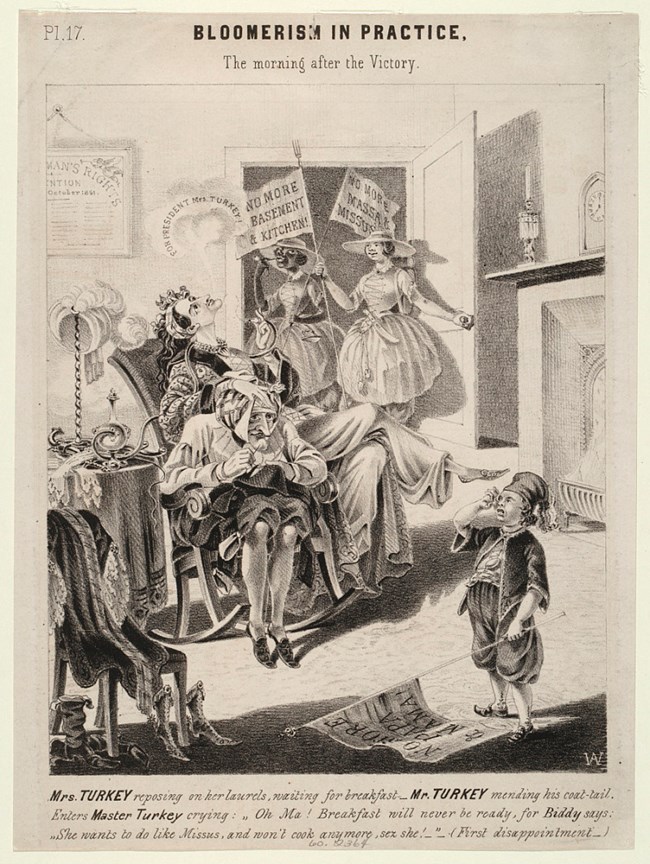 drawing of chaos in a home while women leave to take part in politics NMAH