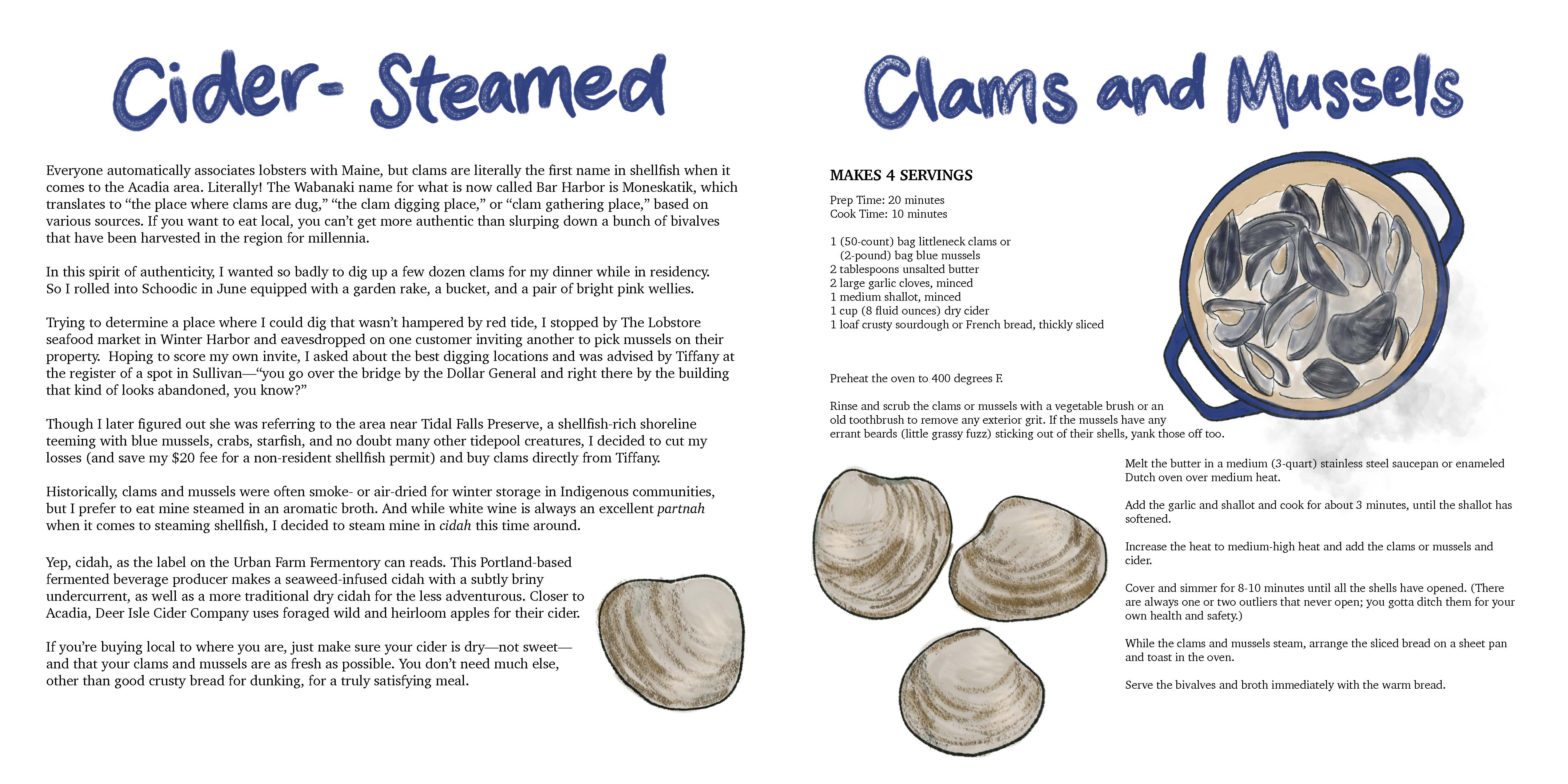 Image of a book spread with illustrations of four clam shells along the bottom and a pot with open clams cooking inside in the top right corner.