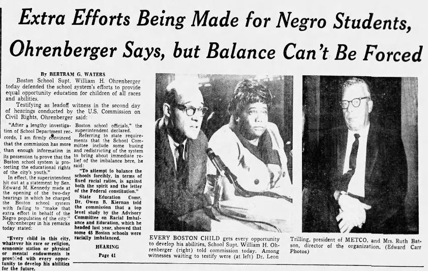 Boston Globe article titled "Extra Efforts Being Made for Negro Students, Ohrenberger Says, but Balance Can't Be Forced" with photo of Dr. Leon Trilling, Ruth Batson, and William H. Obrenberger