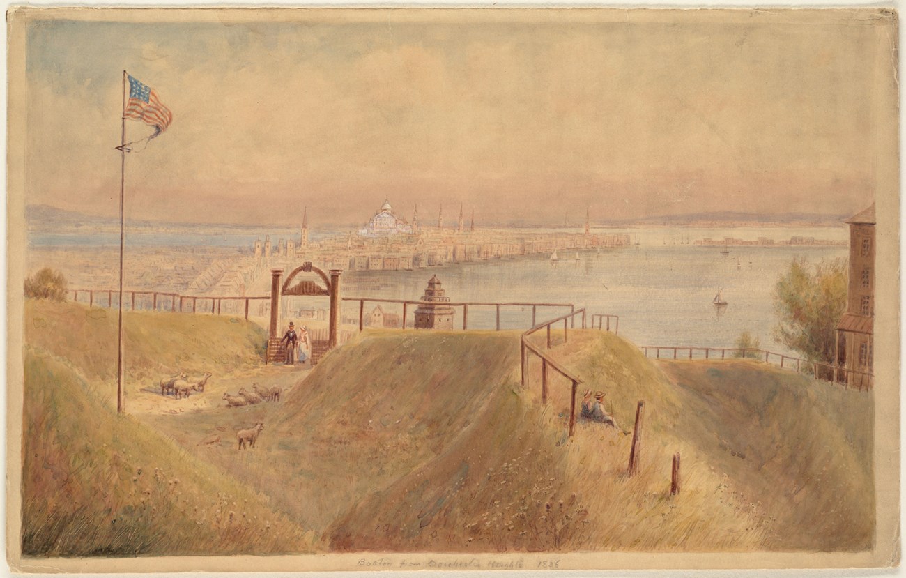 Drawing of the ruins of Dorchester Heights fortifications in 1836 with a view of Boston.