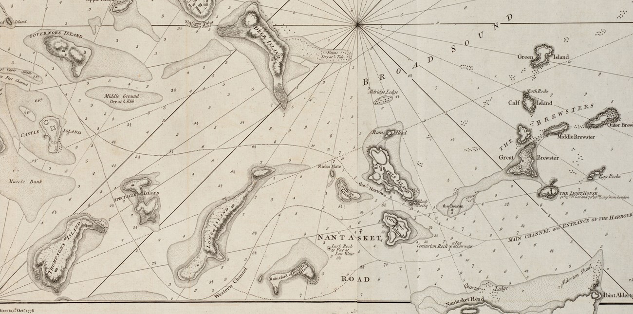 map of outer Boston harbor with a few islands and Nantasket/Hull to the south