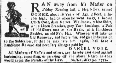 slave ad detailing a boy who escaped slavery in Milton, MA