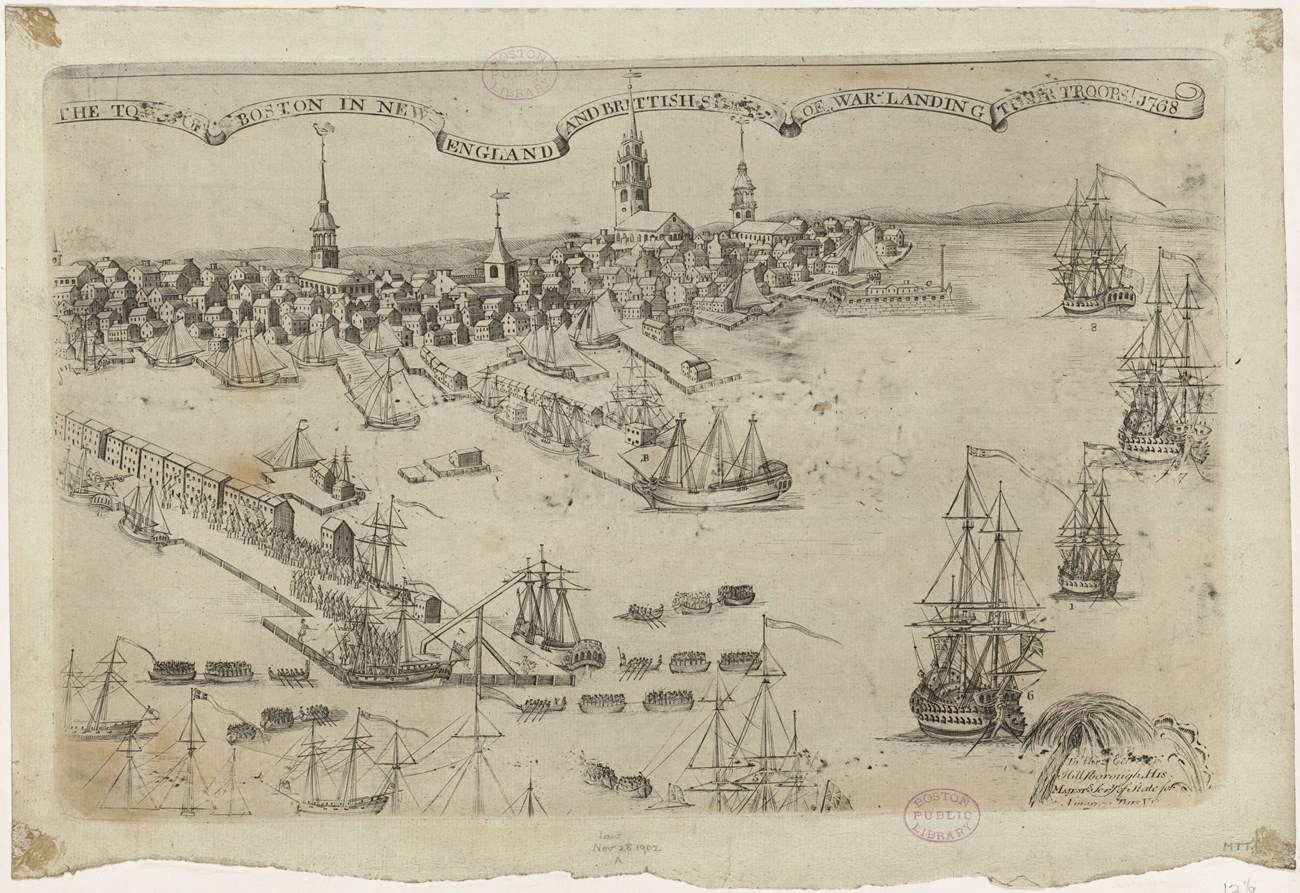 Print depicting British warships in Boston Harbor while British soldiers occupied the town in 1768.