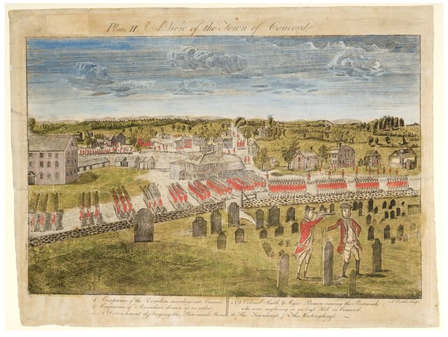 Color engraving of British troop formations marching along a road.