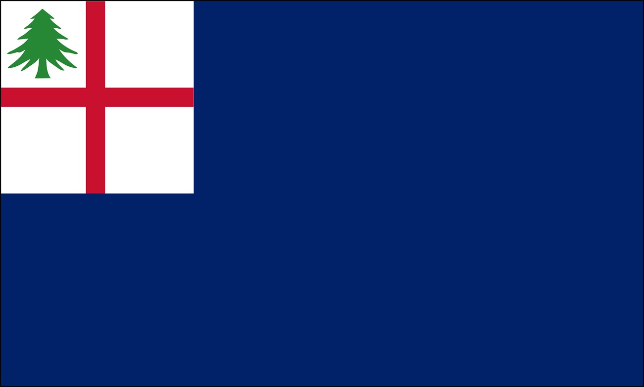 Flag with a dark blue field and in the top left corner a white block with a red cross. In the top left quadrant of the cross is a pine tree.