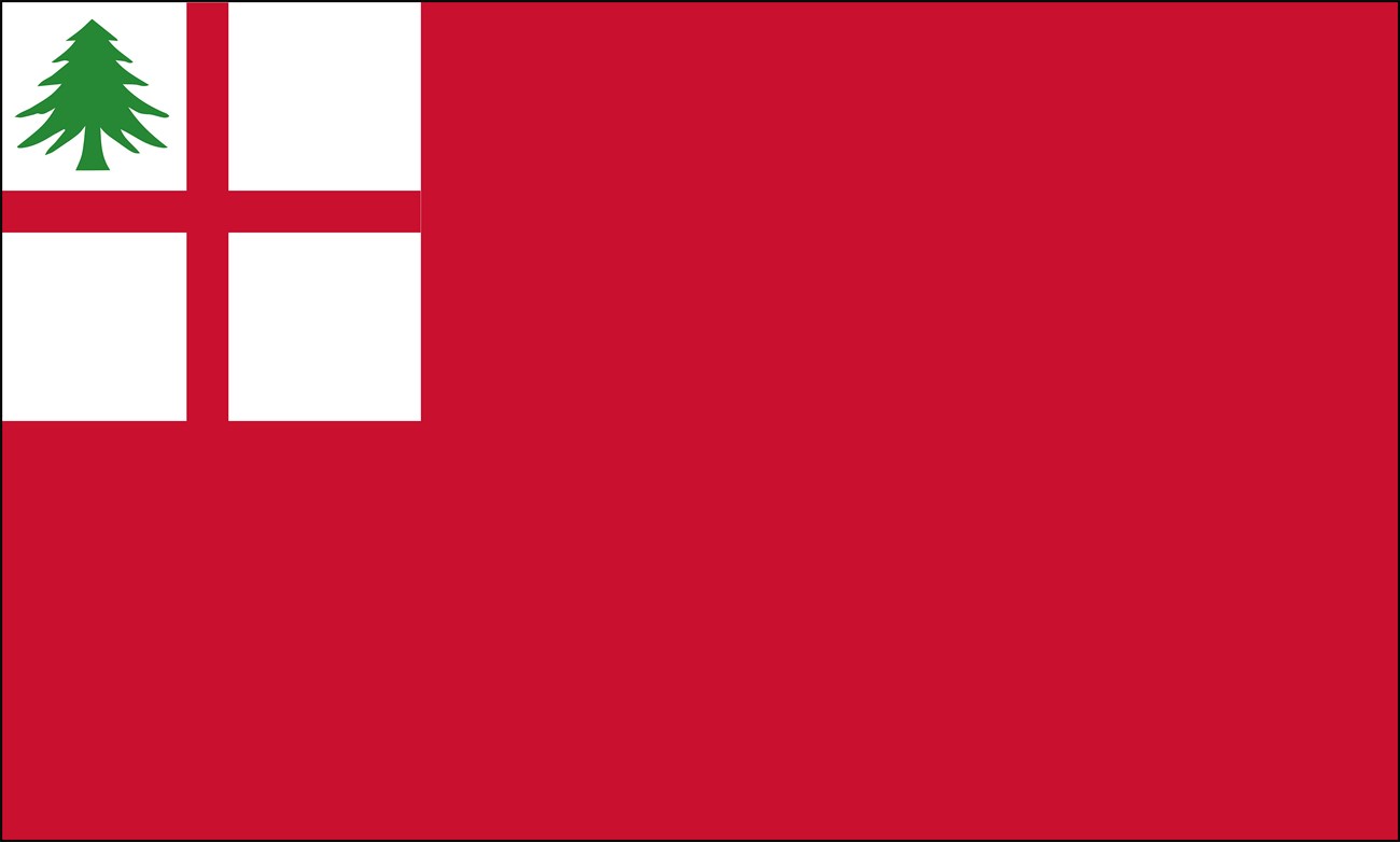 A flag with a red field. In the top left is a white square with a red cross dividing the square in four quadrants. In the top left quadrant is a pine tree.