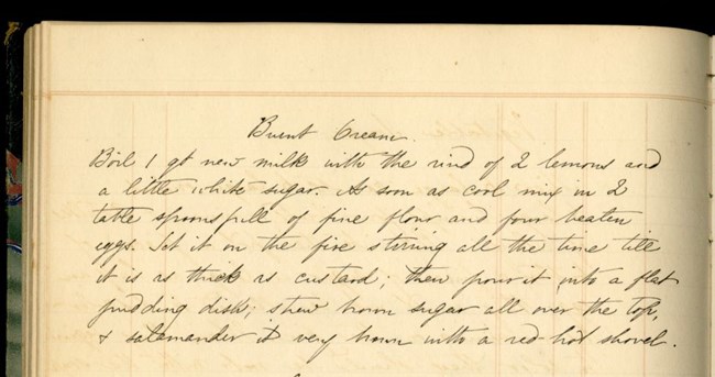 handwritten recipe titled "Burnt Cream" in bound book