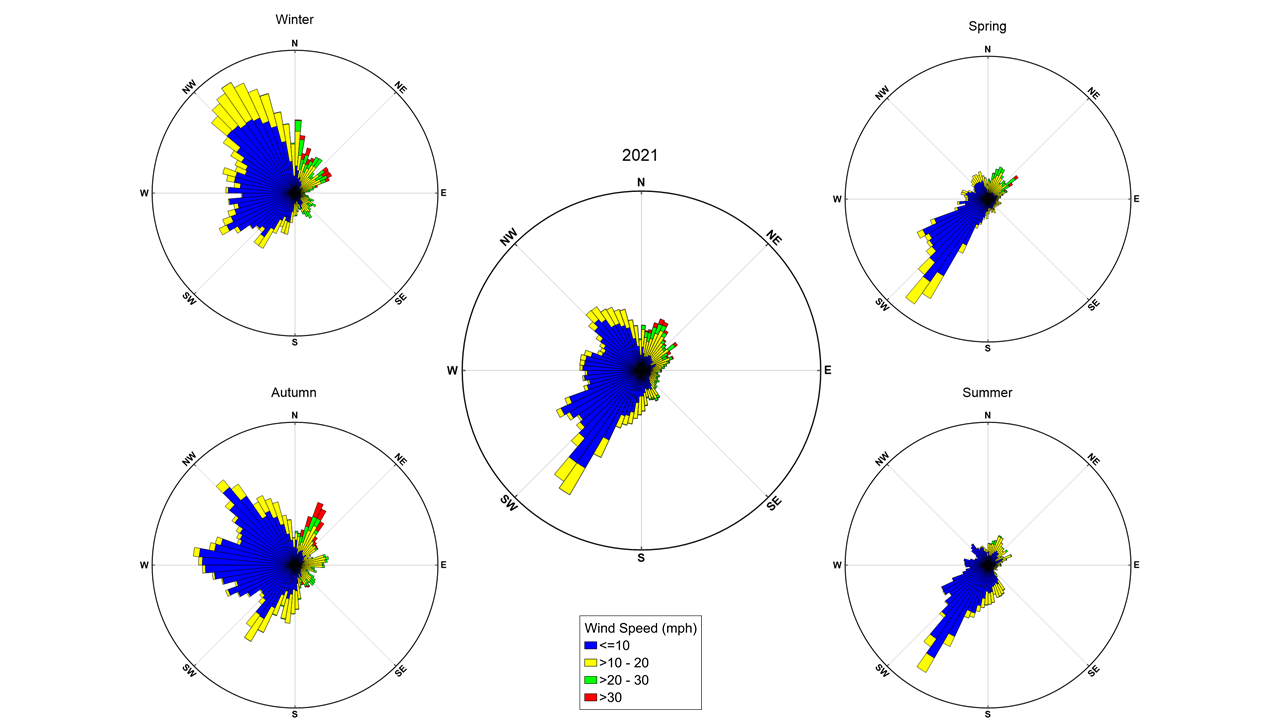 Wind charts reflecting both the seasonal and annual wind direction and speed at the NOAA NWLON station 8447435 located at Chatham Massachusetts during 2021.