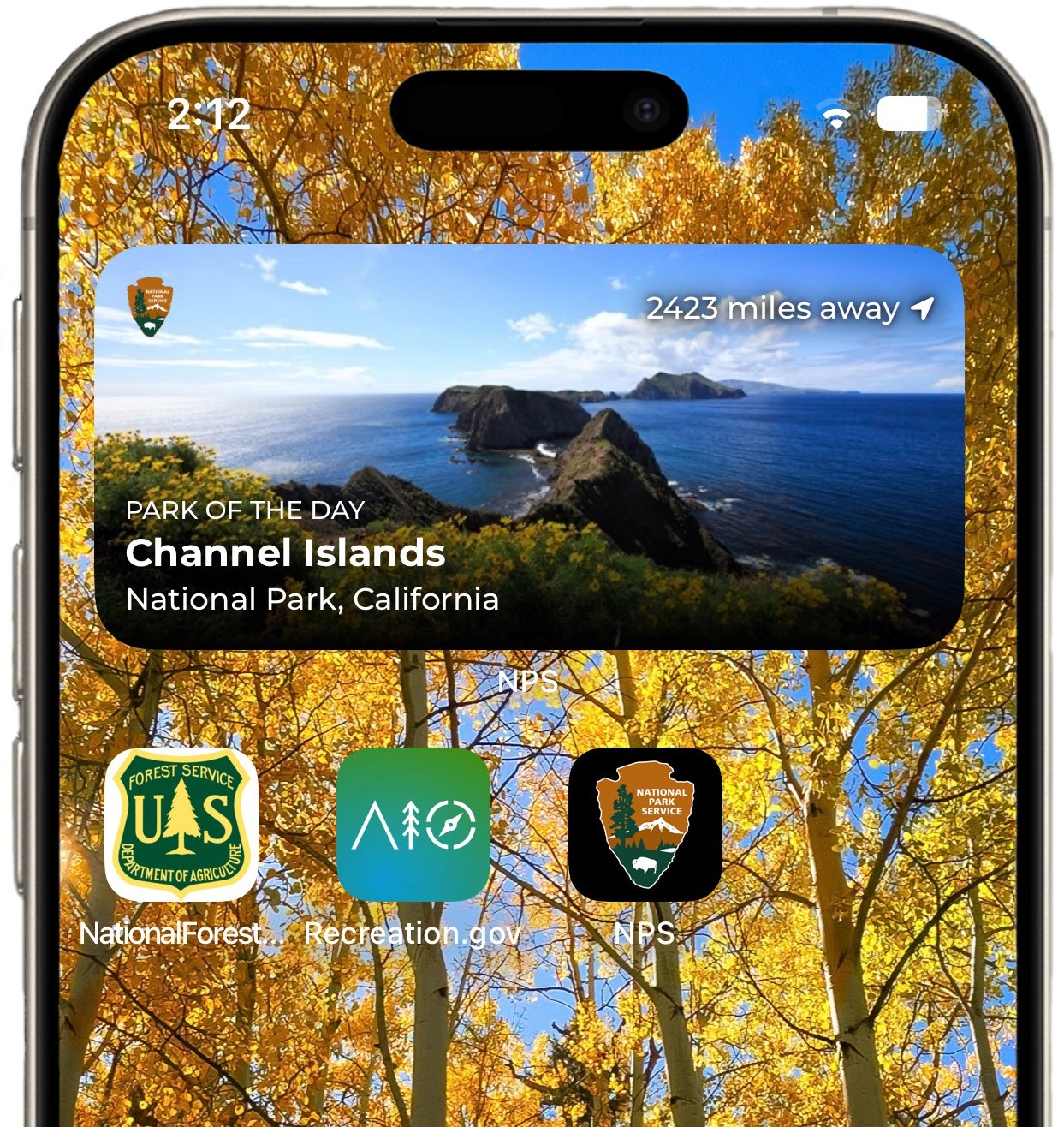 iOS home screen that shows a long tile that says Park of the Day, Channel Islands.