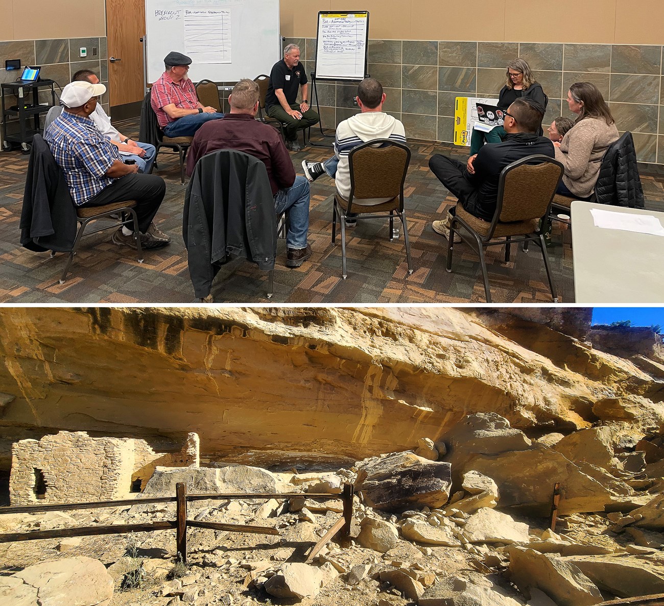 Top: People sit in a circle with a moderator, with notes written on an easel and whiteboard; Bottom: Boulders from a fresh rockfall that have crushed portions of ancient cliff dwellings and a fence.