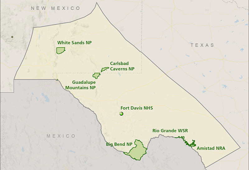 Map of the 7 Chihuahuan Desert parks in southwest New Mexico and west Texas: White Sands, Carlsbad Caverns, Guadalupe Mountains, and Big Bend NPs and Fort Davis NHS, Rio Grande WSR, and Amistad NRA.