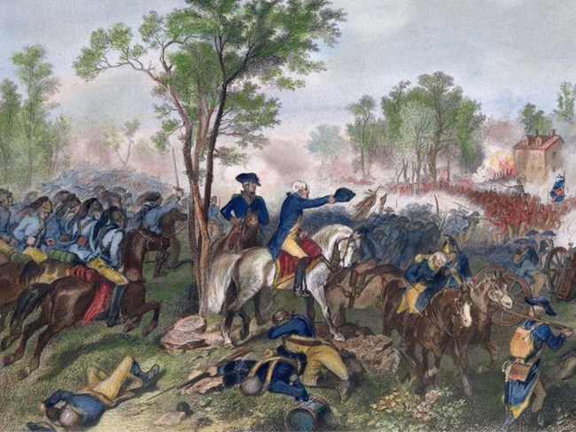 Man in blue coat atop white horse points forward, surrounded by foot soldiers, clouds from gunfire in the background