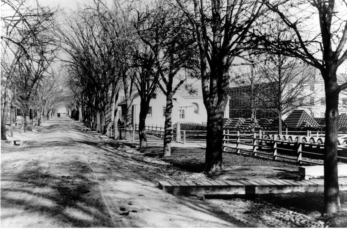 Dirt road lined with trees stretches into the distance on the left side of the photograph, buildings and piles of cannons are on the right side.