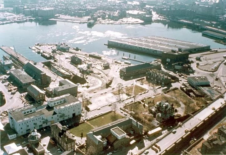Aerial view of the Charlestown Navy Yard in the 1970s.