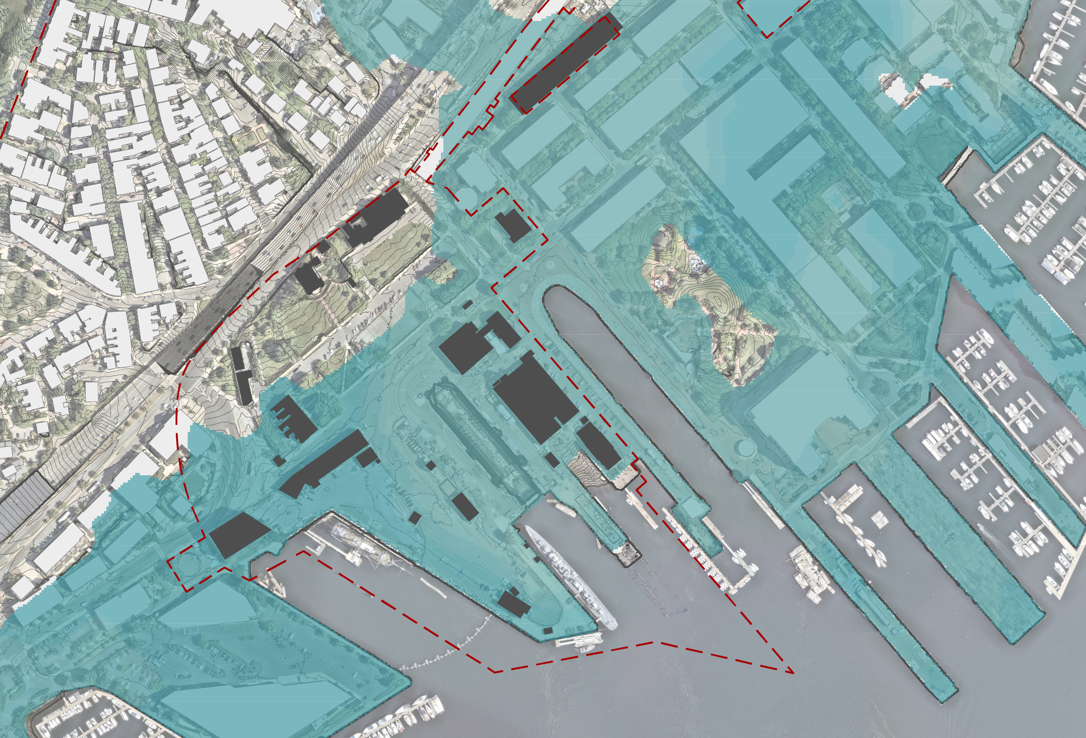 Model of Charlestown Navy Yard that shows projected flooding in the Yard.