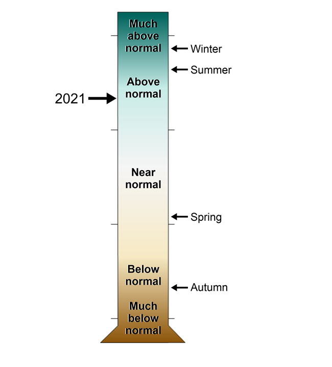 A figure of a graduated cylinder showing the James City County, Virginia annual and seasonal precipitation rankings from 1895-2021. Levels range from much above normal to much below normal.