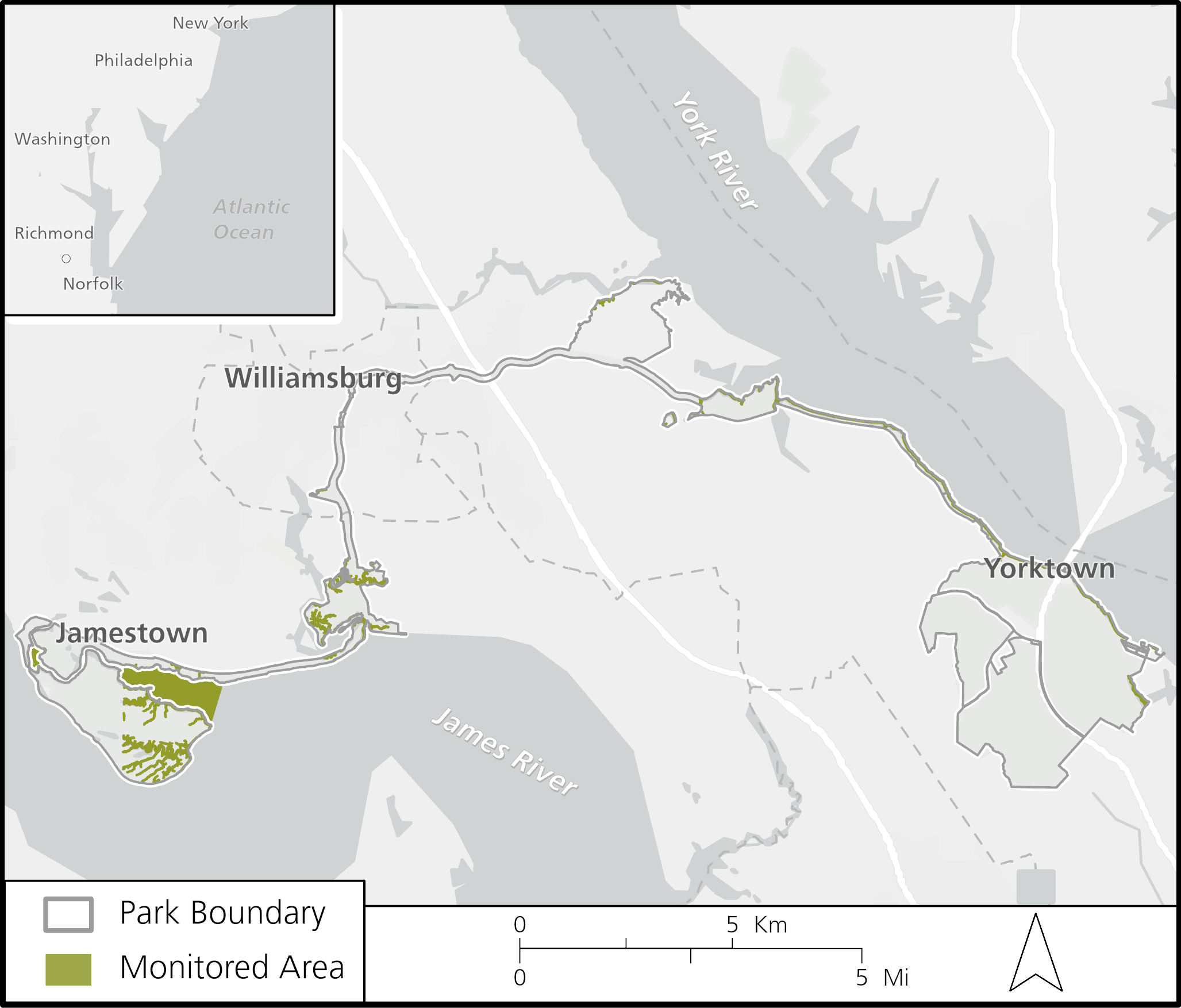 Fig 1: Map of the Colonial National Historic Park estuarine systems which are monitored for nutrient enrichment, and located in Jamestown, Virginia.