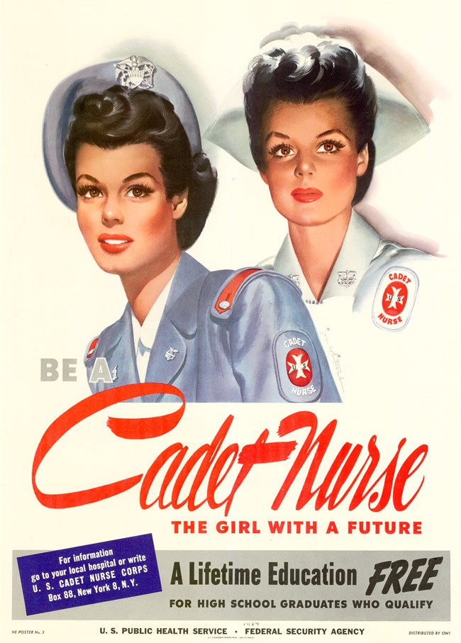 Illustrated image of two young white women with dark hair and red lipstick who appear to be the same woman. One wears a blue uniform and one a white uniform. Both have a red and white cross insignia with the words “Cadet Nurse” on their left shoulder.