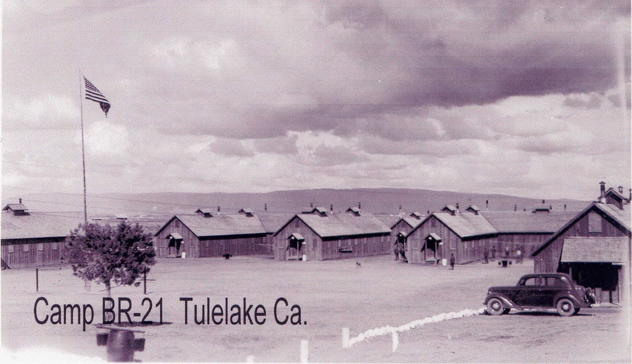 Historic black and white photos of lines of cabins and text reading "Camp BR-1 Tulelake Ca."