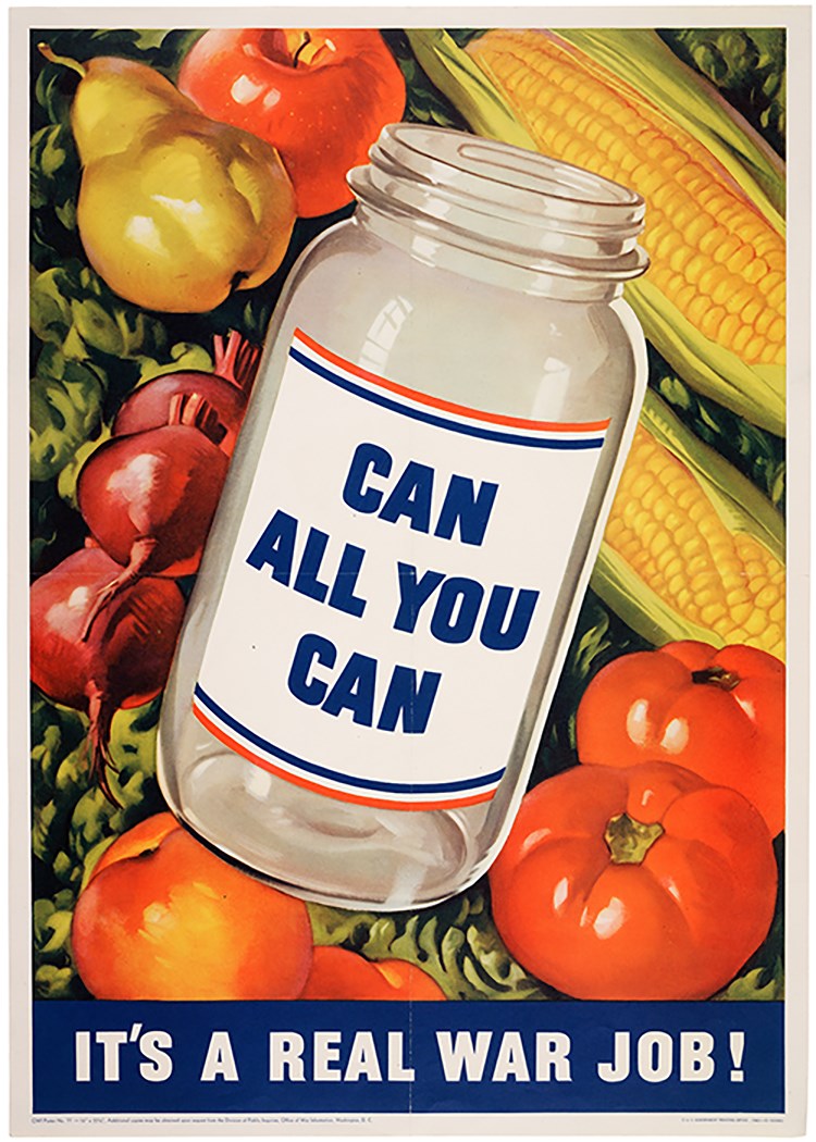 Color illustration of a clear canning jar with a red, white, and blue label: “Can All You Can.” Behind it are fruits and vegetables like corn, apples, pears, beets, and tomatoes.