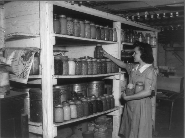 Black and white photo of a young white woman adding jars of canned produce to shelves already packed with full jars.
