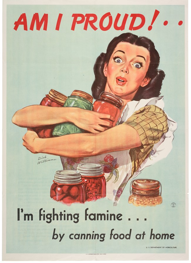A color illustration shows a white woman in a flowered apron with her arms full of canned produce including beets, corn, beans, and tomato sauce