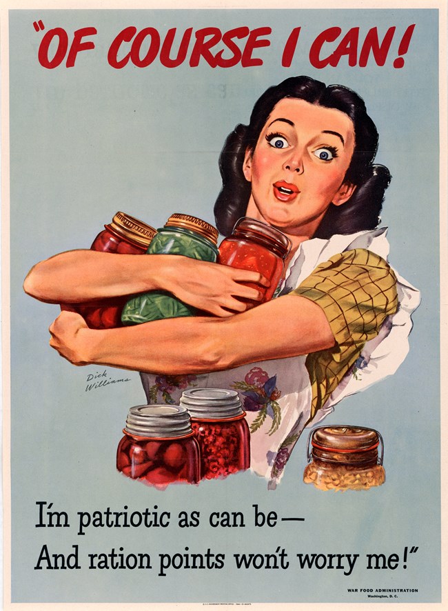 A color illustration shows a white woman in a flowered apron with her arms full of canned produce including beets, corn, beans, and tomato sauce.