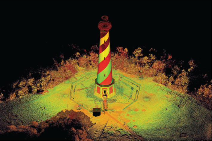 Color image of a point cloud showing a landscape with various paths, trees and a lighthouse with a painted with a spiral stripe. The lantern on top of the lighthouse is incomplete as it is missing laser scan data.
