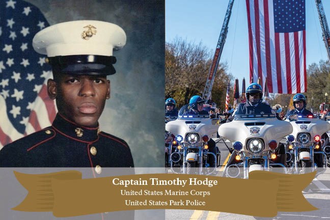 Split screen image of Captain Timothy Hodge in the Marines and today.