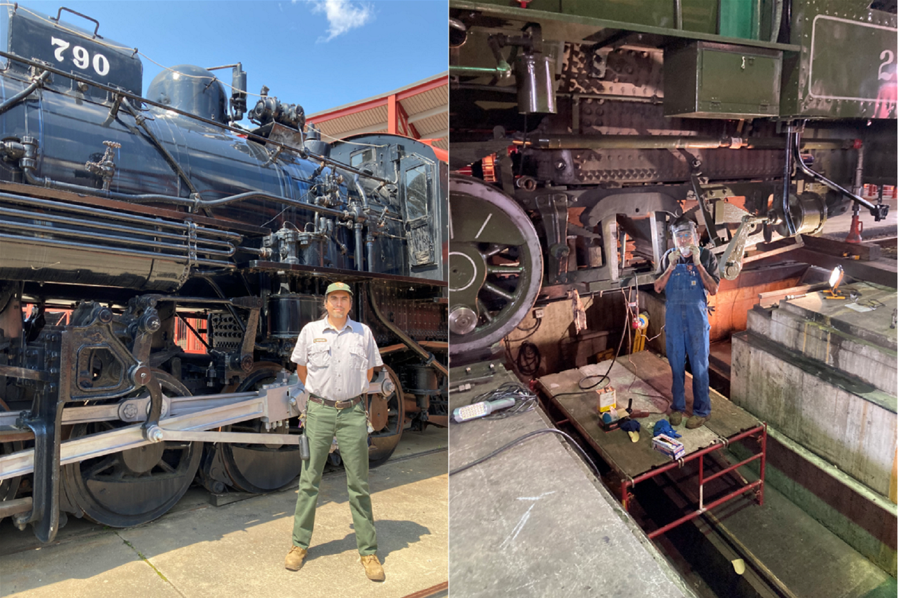 side by side images of Carlos Angeles, a Latino employee at Steamtown.  Left photo is outdoors in front of a train, right photo is in the loco shop