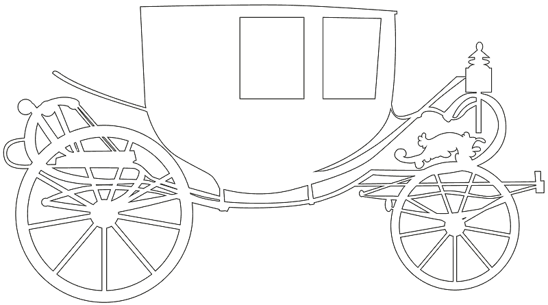 outline of a four wheel carriage with a lamp in front of the carriage.