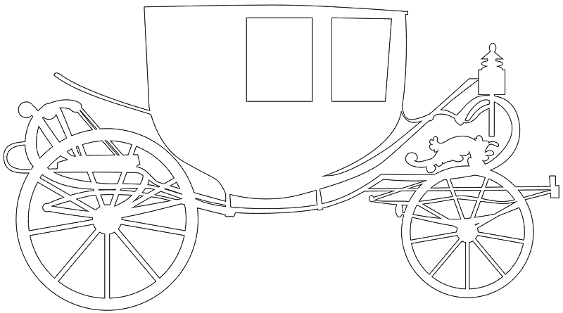 outline of a four wheel carriage with a lamp in front of the carriage.