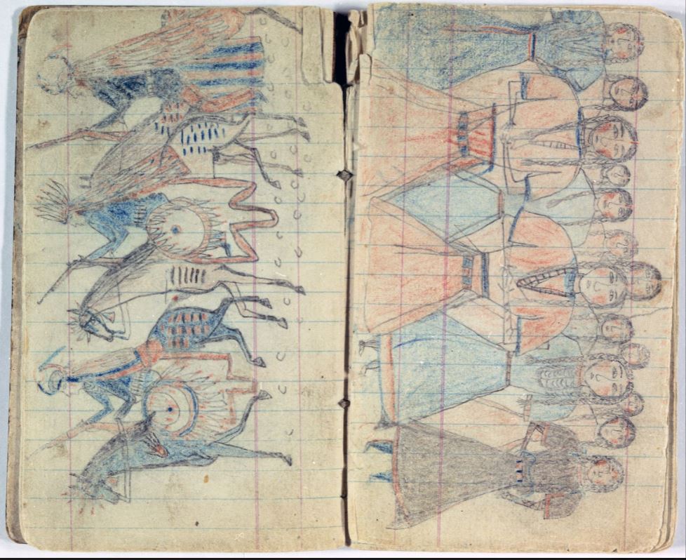 An open book with lined paper. On the left page are color drawings of Nez Perce warriors on horseback. On the right page are color drawings of Nez Perce women.
