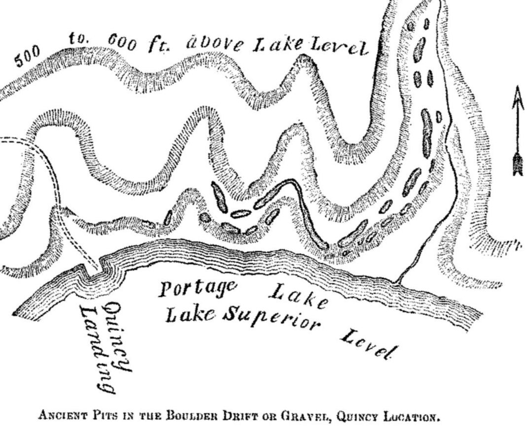 1863 sketch of Quincy location, featuring indigenous pits along the base of Quincy Hill.