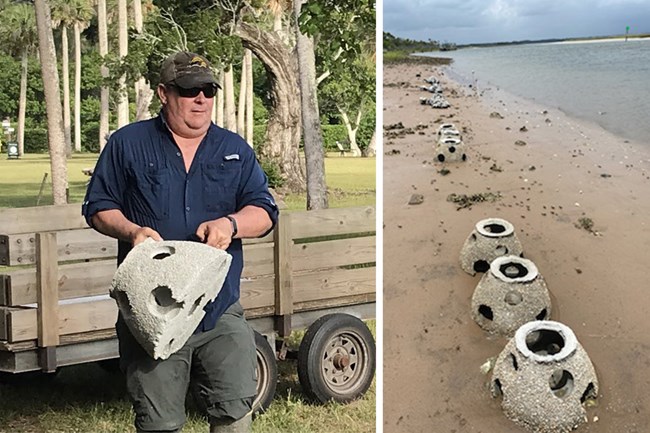 Man carrying reef ball on left, reef balls on shoreline on right