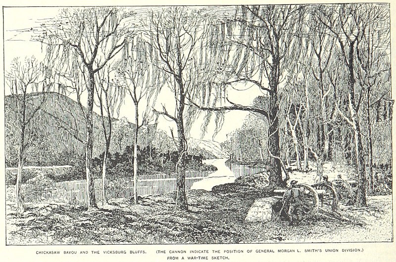 A line drawing with the foreground featuring a wooded area and soldiers standing by a canon.