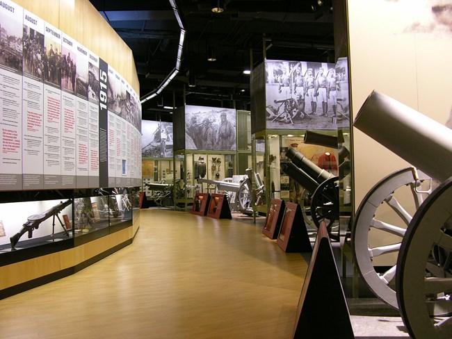 Chronology of WWI permanent exhibit with large objects.  Photo courtesy of the National WWI Museum and Memorial.