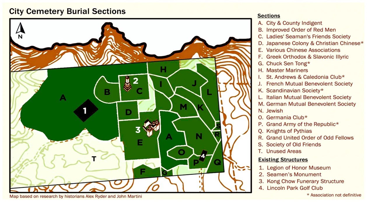 Map of historic areas of the City Cemetery