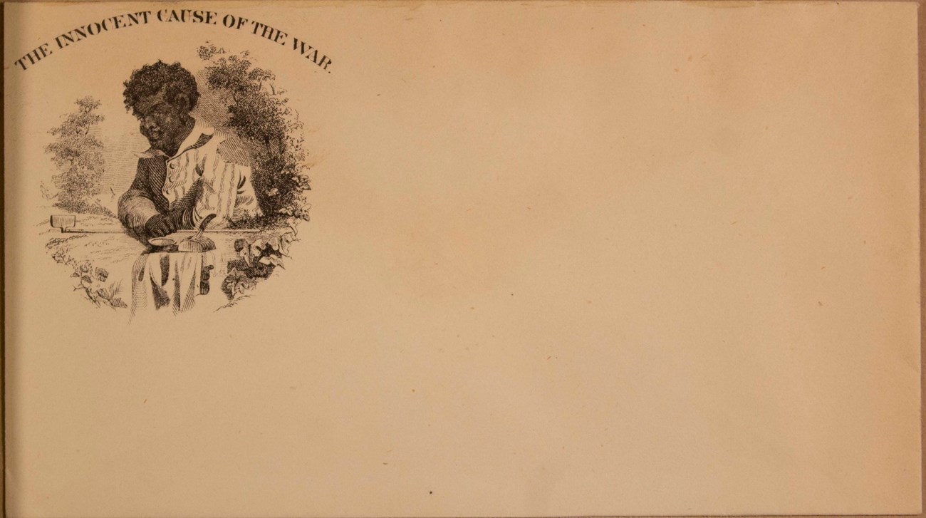 A drawing of an enslaved person next to the phrase "the innocent cause of the war."